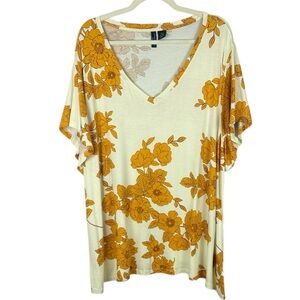 Cynthia Rowley Casual Cream and Gold Floral Short Sleeve Tunic Top Size 3X